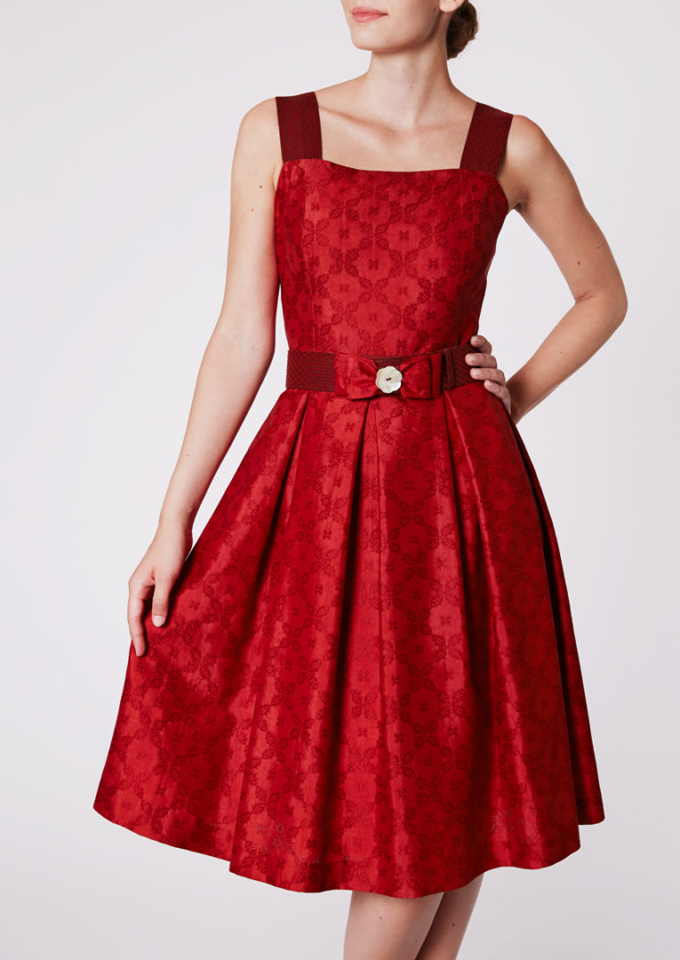 Cocktailkleid mit eckigem Ausschnitt aus Dobby-Seide, Karminrot