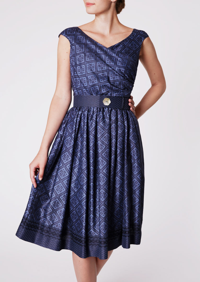 Cocktailkleid mit schwingendem Rock aus Dobby-Seide, Saphirblau
