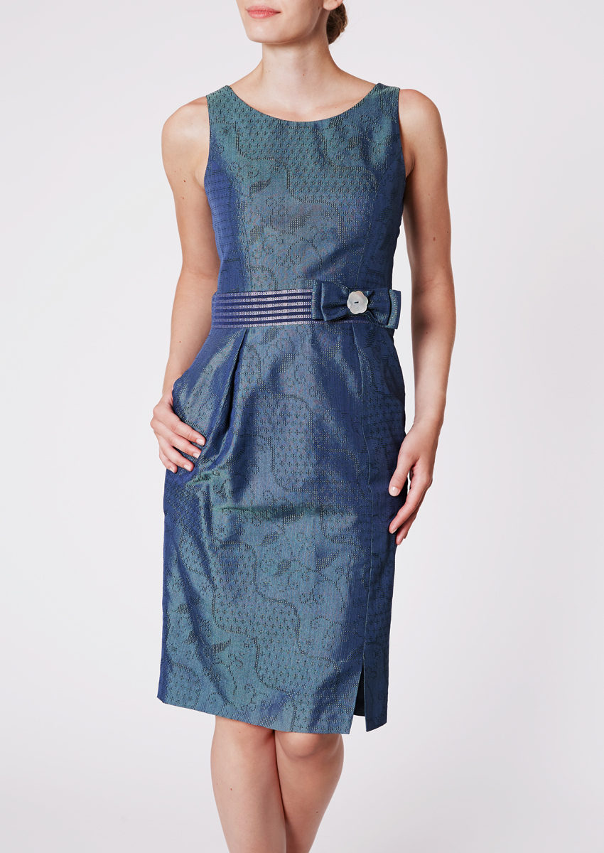 Cocktailkleid mit Bleistiftrock aus Dobby-Seide, Wasserblau
